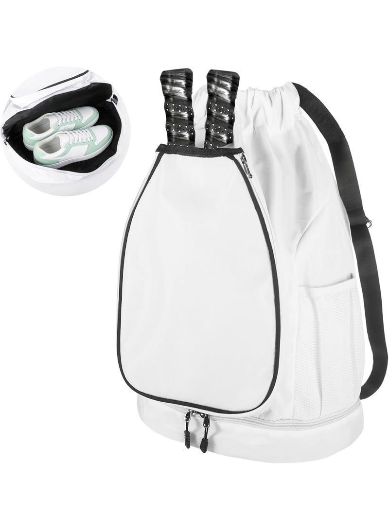 Arabest Pickleball Bags for Women Men, Pickleball Backpack with Shoe Compartment, Large Capacity Drawstring Pickle Ball Bag (White) - Image 1